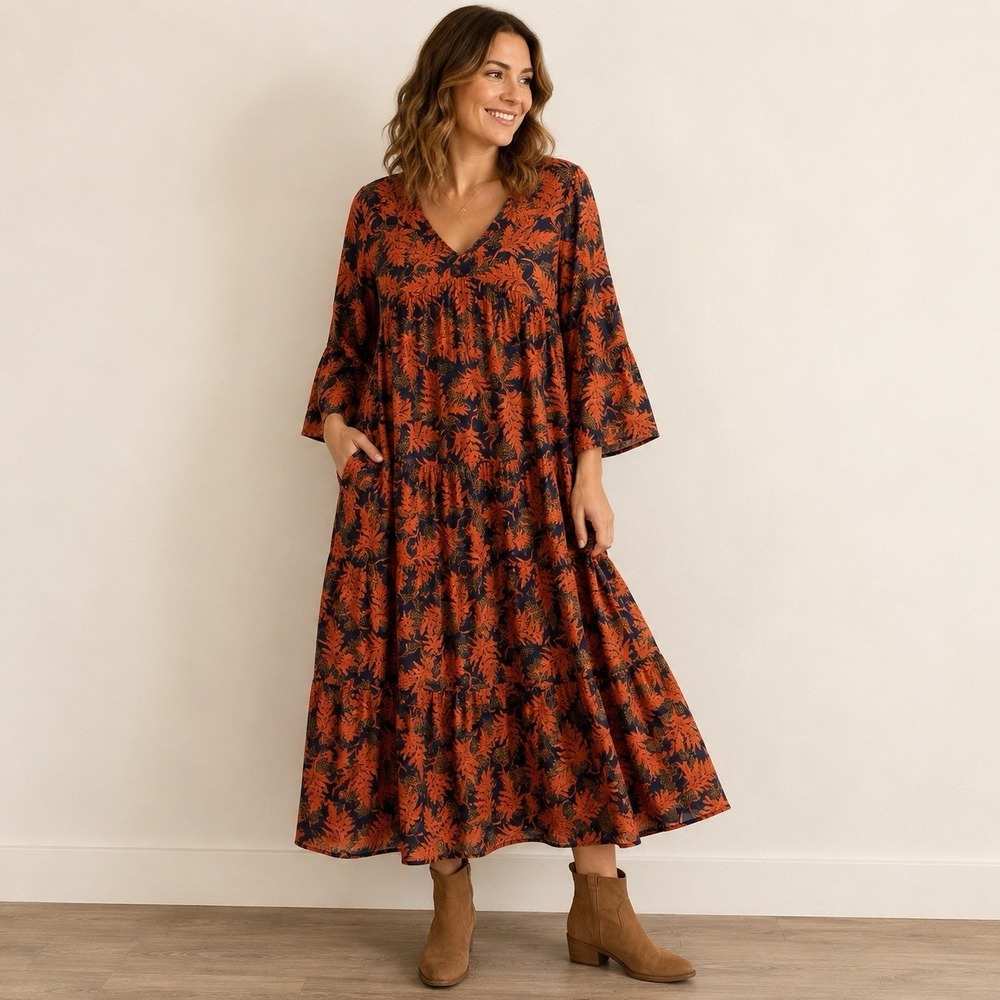 Natural Life L/XL Tiered Maxi Dress Rust  Navy Botanical Boho Long Sleeve Read